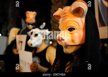 Tel Aviv, Israël. 1er mars 2014. TEL AVIV, ISRAËL-MAR 1'St, 2014 : les défenseurs des droits des animaux portent des masques d'animaux au cours d'une protestation des militants des droits des animaux à Tel Aviv.quelques centaines de Israelli défenseurs des droits des animaux ont manifesté à Tel Aviv. On appelle les manifestants d'arrêter de manger et la chasse des animaux et de lutter pour les droits de l'animal à ne pas être mis en cage, esclaves et d'abus. © NurPhoto Gili Yaari//ZUMAPRESS.com/Alamy Live News Banque D'Images