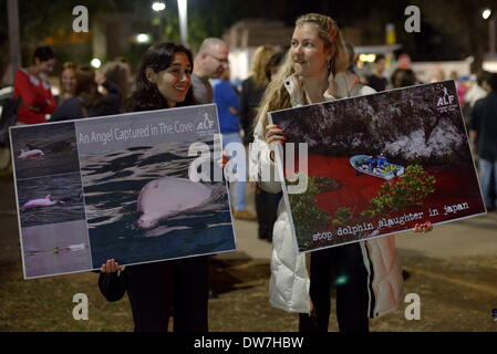 Tel Aviv, Israël. 1er mars 2014. TEL AVIV, ISRAËL-MAR 1'St, 2014:quelques centaines de Israelli défenseurs des droits des animaux ont manifesté à Tel Aviv. On appelle les manifestants d'arrêter de manger et la chasse des animaux et de lutter pour les droits de l'animal à ne pas être mis en cage, esclaves et d'abus. © NurPhoto Gili Yaari//ZUMAPRESS.com/Alamy Live News Banque D'Images