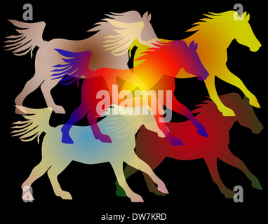 Image de fond sur le thème équestre de chevaux galopant colorés sur fond noir Banque D'Images