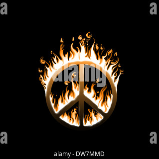 Symbole de paix en flammes - concept de paix en danger Banque D'Images