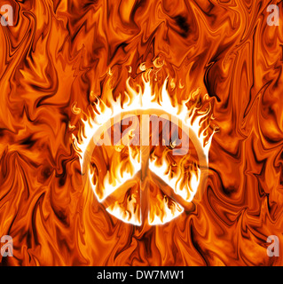 Signe de paix en flammes, sur fond infernal Banque D'Images