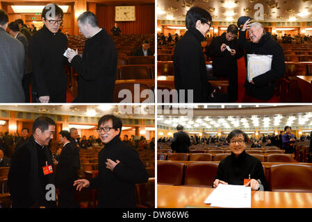 (140303) -- BEIJING, 3 mars 2014 (Xinhua) -- l'ensemble des photos prises le 3 mars 2014 montre comment l'acteur Jackie Chan (en haut à gauche, L), un membre du 12e Comité National de la Conférence consultative politique du peuple chinois (CCPPC), trouver sa place dans le cadre de l'aide de mes collègues députés, Feng Xiaogang directeur (en haut à gauche, R), d'interprètes Zhao Benshan (en haut à droite, R) et l'acteur Zhang Guoli (en bas à gauche, L), avant la séance d'ouverture de la deuxième session de la 12ème CCPPC Comité national au Grand Hall du Peuple à Beijing, capitale de la Chine. La deuxième session de la 12e Nation Banque D'Images