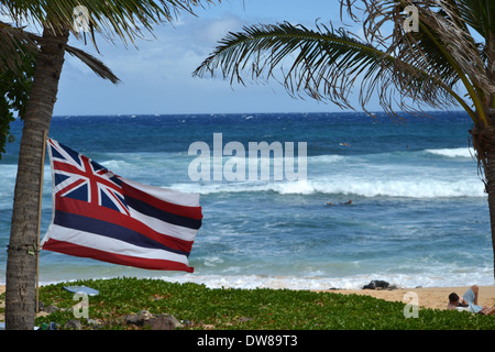 Drapeau de l'état de Hawaï à Sandy Beach, Oahu, Hawaii, USA Banque D'Images