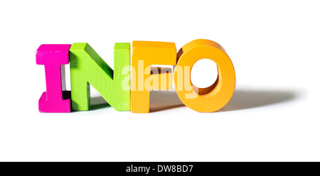 Info Texte multicolore faite de bois. Fond blanc Banque D'Images