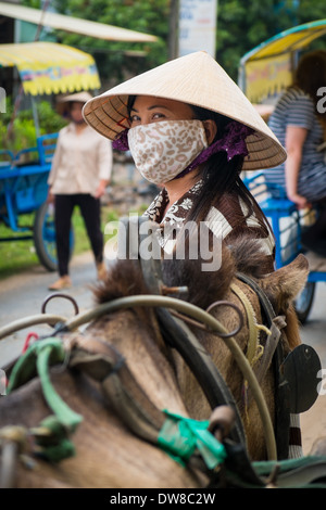 VIETNAM- 25 janvier : Vietnamese woman wearing a Conical hat standing asiatique par un cheval. Banque D'Images