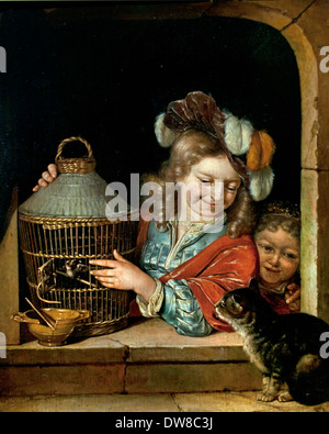 Les enfants avec volière et cat par Églon Hendrik van der Neer 1634 - 1703 Pays-Bas Néerlandais Banque D'Images