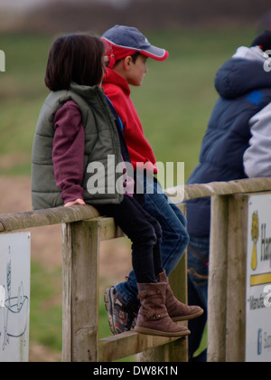 Deux enfants assis sur la clôture de regarder match de rugby, Bude, Cornwall, UK Banque D'Images