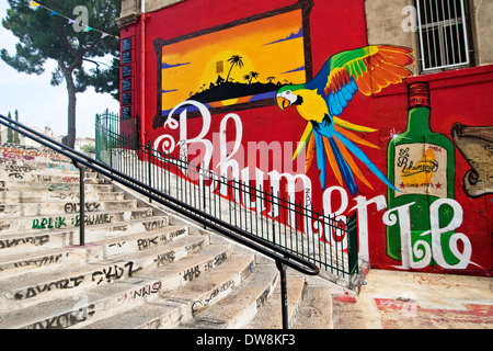 Les murs remplis de graffitis sur les étapes menant à la section du cours Julien Marseille France,perroquet coloré de droit, Banque D'Images