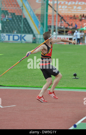 Athlète prend part au lancer du javelot lors des Championnats du monde junior de l'IAAF de 2013 du 12 au 14 juillet, 2013 à Donetsk, Ukraine Banque D'Images