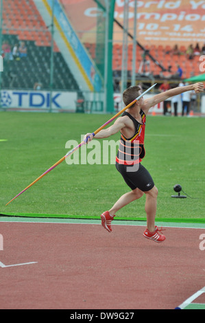 Athlète prend part au lancer du javelot lors des Championnats du monde junior de l'IAAF de 2013 du 12 au 14 juillet, 2013 à Donetsk, Ukraine Banque D'Images