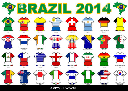 Une collection de drapeaux en forme de kit de l'ensemble de la national soccer les équipes participant à la finale de football 2014 au Brésil. Banque D'Images