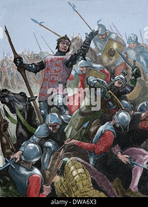 Richard III d'Angleterre (1452-1485). Roi d'Angleterre (1484-1485). La mort dans la bataille de Bosworth Field. Gravure.Couleur. Banque D'Images