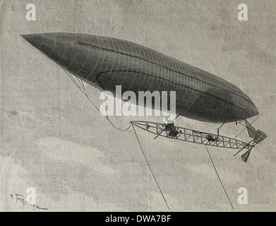 Alberto Santos-Dumont (1873-1932). Pionnier de l'aviation brésilienne. Dirigeable volant. La gravure. Banque D'Images