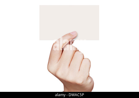 Carte, main, tenez, d'affaires, crédit, chèque en blanc, les femmes, les fabricants, l'arrière-plan, pouce, blanc, signer, de papier, de définir, de débit, humain, affichage, ind Banque D'Images