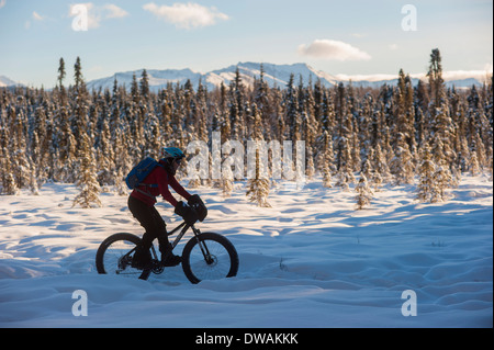 Photo de personne fat tire bike neige sur la piste de Speedway, Campbell sentiers, Anchorage, vue latérale vers la droite Banque D'Images