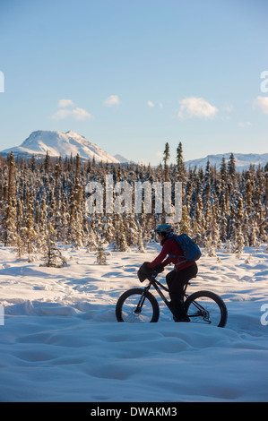 Photo de personne fat tire bike neige sur la piste de Speedway, Campbell sentiers, Anchorage, tourné sur le côté Banque D'Images