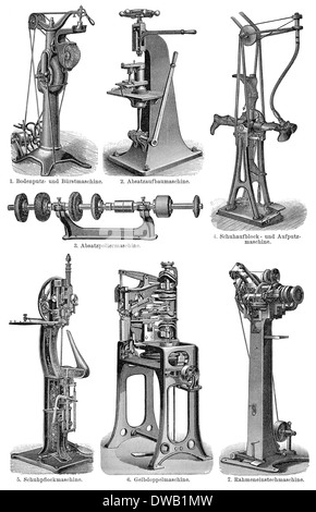 Illustration historique, 19e siècle, les machines pour la production de chaussures, Banque D'Images