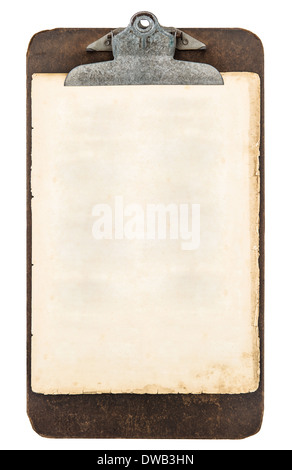 Presse-papiers anciens avec une feuille de papier isolé sur fond blanc Banque D'Images