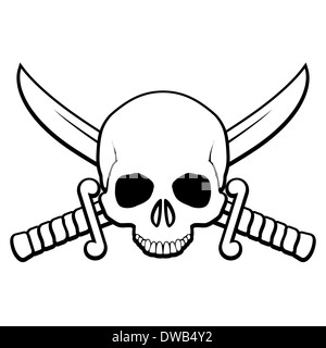 Crâne avec traversée de sabre. Illustration du symbole pirate en noir et blanc Banque D'Images