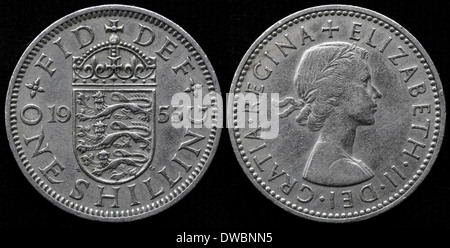 1 coin Shilling Anglais, bouclier, la reine Elizabeth II, UK, 1955 Banque D'Images