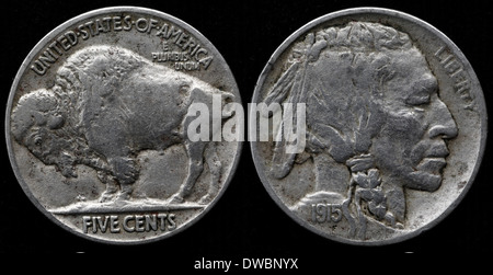 Pièce de 5 cents, Buffalo Nickel, USA, 1915 Banque D'Images