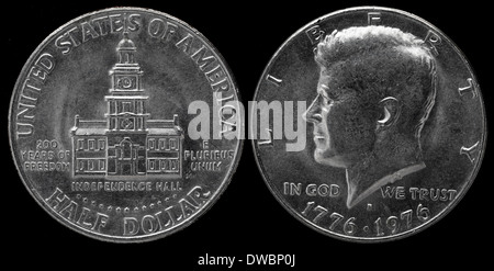 Kennedy La moitié de pièce d'un dollar, l'Independence Hall, USA, 1976 Banque D'Images