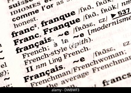 Langue Français-Anglais dictionnaire - entrée pour le français Banque D'Images