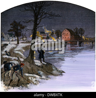 Camp de l'armée continentale sur Assunpink Creek, deuxième bataille de Trenton, janvier 1777. À la main, gravure sur bois Banque D'Images