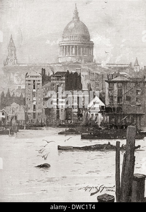 La Cathédrale St Paul à partir de la rive de Surrey, Londres, Angleterre au xixe siècle. Banque D'Images