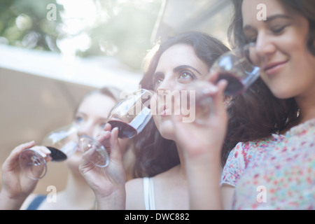 Young female friends et dégustation de vin au vignoble l'odeur Banque D'Images