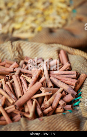 Grand sac avec des bâtons de cannelle dans le marché indien Banque D'Images