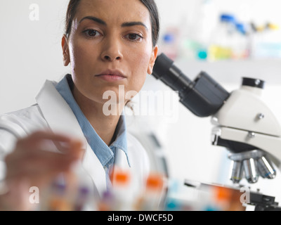 Female scientist sur pour voir un échantillon de sang au microscope Banque D'Images