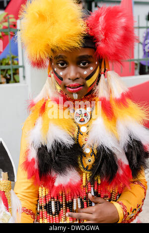 Port of Spain, Trinidad, 4 mars 2014. Masquerader de style Amérindien costumes dans la Port d'Espagne Carnaval. Crédit : Tom Arne Hanslien/Alamy Live News Banque D'Images