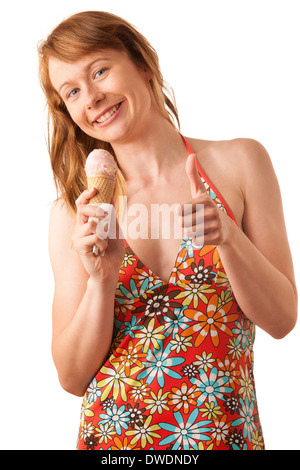 Belle jeune femme avec isolé sur fond blanc icecream Banque D'Images