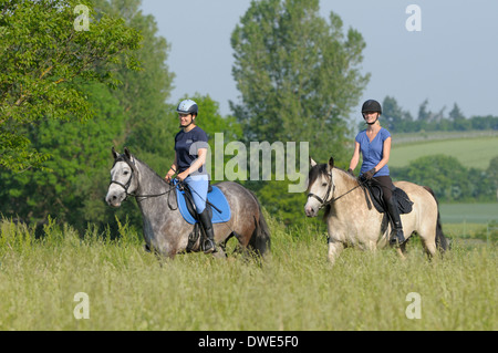 Deux jeunes cavaliers sur le dos de poneys Connemara dans un pré Banque D'Images