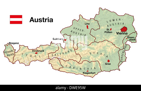 Carte topographique de l'Autriche en Europe avec les villes, les Etats fédéraux, les frontières et d'un drapeau. Banque D'Images