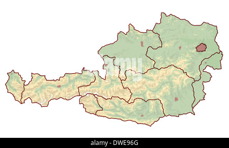 Carte topographique de l'Autriche dans l'Europe, qui n'est pas étiqueté. Les frontières des villes et les neuf provinces sont visibles. Banque D'Images