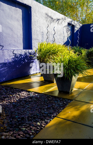 Les herbes plantés dans des conteneurs sur un patio de jardin contemporain Banque D'Images