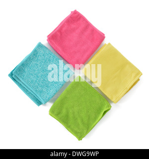 Ensemble de lingettes de nettoyage en microfibre colorées isolé sur fond blanc. Chiffon de nettoyage pour différents buts. Banque D'Images