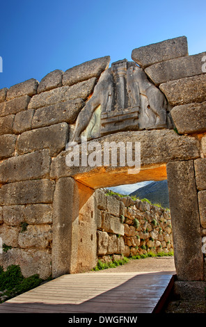 Le Lion Gate dans l'ancienne Mycènes (Mykines), Argolide (Argolide, Péloponnèse, Grèce) Banque D'Images