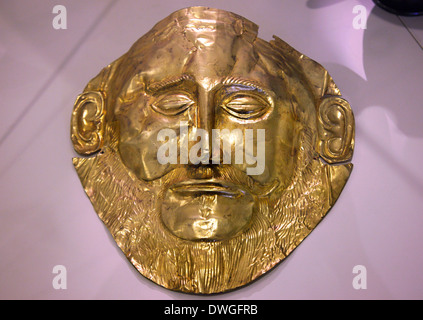 La 'Mask' d'Agamemnon (réplique) dans le musée archéologique de Mycènes, l'Argolide ('Argolide'), Péloponnèse, Grèce. Banque D'Images