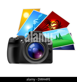 Appareil photo et photos. Illustration sur fond blanc Banque D'Images