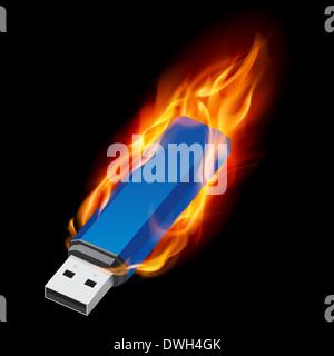 Lecteur Flash USB bleu dans le feu. Illustration sur fond noir Banque D'Images