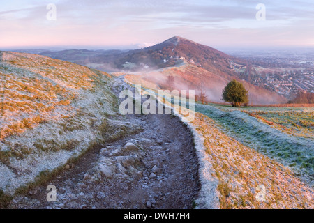 Un sentier très usées sur la persévérance Hill, collines de Malvern, est moulé dans l'ombre de la première lumière de l'aube. Banque D'Images