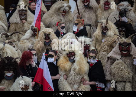 Mohacs (Hongrie). 4e Mar, 2014. Busos réunis pour une photo de groupe. Les festivités à Mohacs Fullmetal dans le sud de la Hongrie sont un carnaval de six jours à la fin de février pour marquer la fin de l'hiver, nommé pour les Busos, effrayant les gens costumés (traditionnellement, les hommes) de porter des masques en bois et de grands manteaux laineux. © Zsolt Repasy/ZUMA/ZUMAPRESS.com/Alamy fil Live News Banque D'Images