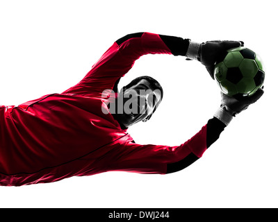 Un joueur de foot ball rattrapage homme gardien en silhouette isolé sur fond blanc Banque D'Images