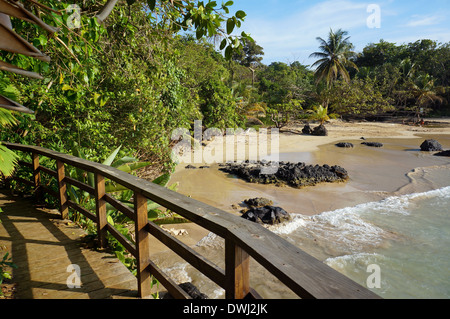 Passerelle en bois tropicaux sur une plage de sable et de rocher, l'île de Bastimentos, Red Frog beach, mer des Caraïbes, le Panama Banque D'Images