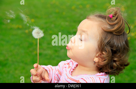 Relations sérieuses in Spring, cute little girl blowing dandelion sur le pré Banque D'Images