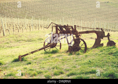 Vieille charrue rouillée sur vignoble italien Banque D'Images