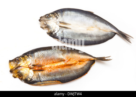 Teints et non teints kippers fumés écossais isolated on a white background studio. Banque D'Images